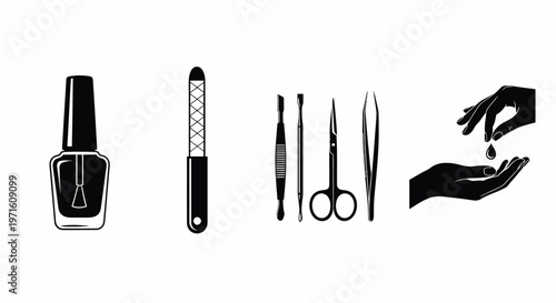 Manicure Tools Set with Nail Polish and Hands Applying Oil, Black and White Icons Isolated on White