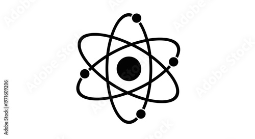 Atom model icon, science symbol, nucleus with orbiting electrons, black and white