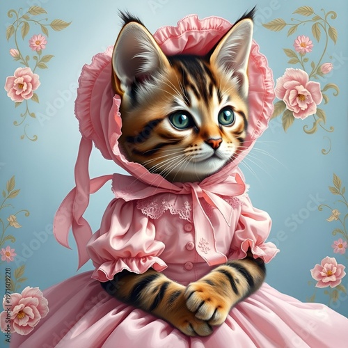Kitten wearing a dress and a bonnet 