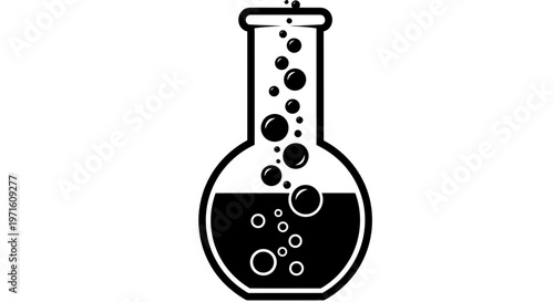 Black and White Icon of a Chemistry Flask with Bubbles