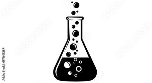 Black and white illustration of a bubbling Erlenmeyer flask, science lab experiment