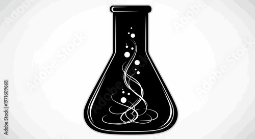 Abstract Science Flask with Bubbles and DNA Helix