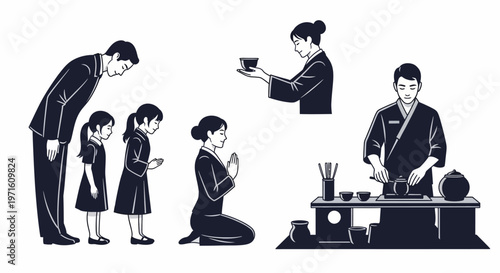 Traditional Japanese tea ceremony etiquette illustration.