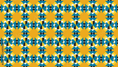 Modern Mediterranean star geometric seamless pattern. Abstract vector background with navy and mustard yellow mandala motif