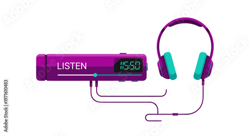 Purple mp3 player with headphones and digital display for listening to music or podcasts