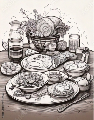 Delicious Indian Food Platter with Drinks and Flowers.