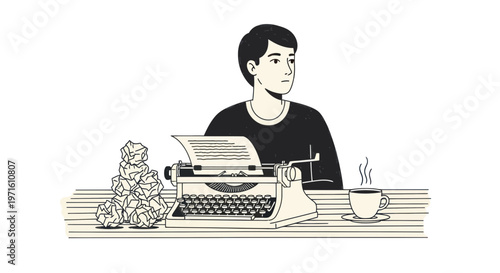 Man writing on typewriter, creative workspace, office desk with coffee, vintage style illustration