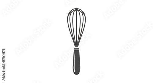 A simple gray whisk with a handle isolated on a white background in a centered close up shot
