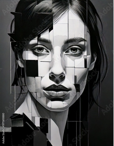 Black and White Portrait of a Woman with Glitch Effect.