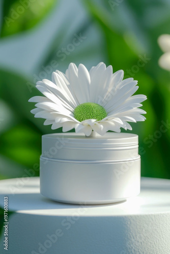 A simple white container holds a beautiful white flower