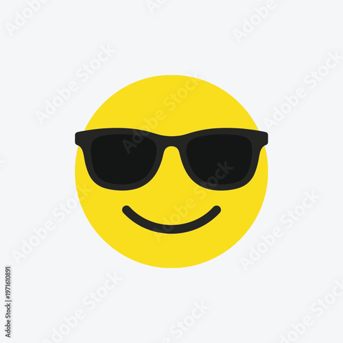 Bright yellow smiley face with black sunglasses, exuding happiness and cool vibes on a light background