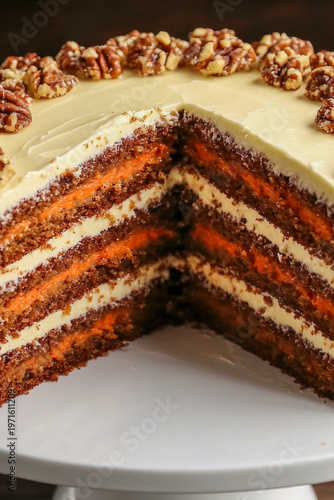 A single slice of carrot cake on a white plate, ready for serving