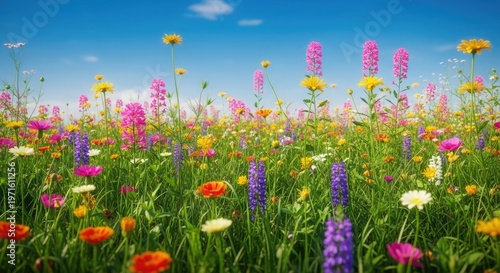 Vibrant wildflower meadow under a bright blue sky with scattered clouds