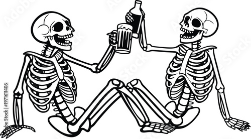 Skeleton friends drinking beer vintage engraving. A highly detailed black and white vintage vector illustration of two cheerful skeletons sitting side by side, smiling and holding drinks. vector illus