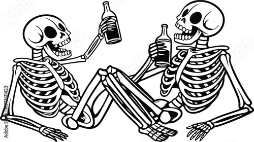 Skeleton friends drinking beer vintage engraving. A highly detailed black and white vintage vector illustration of two cheerful skeletons sitting side by side, smiling and holding drinks. vector illus