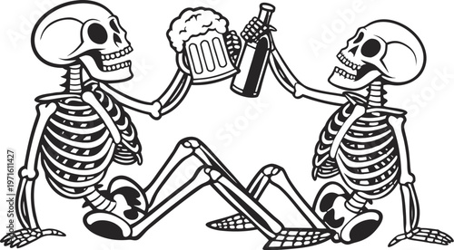 Skeleton friends drinking beer vintage engraving. A highly detailed black and white vintage vector illustration of two cheerful skeletons sitting side by side, smiling and holding drinks. vector illus
