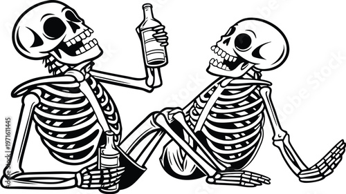 Skeleton friends drinking beer vintage engraving. A highly detailed black and white vintage vector illustration of two cheerful skeletons sitting side by side, smiling and holding drinks. vector illus