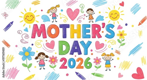 Colorful mother's day illustration with children and floral elements