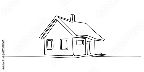 A minimalist single line drawing of a simple cottage home with a chimney and windows on white