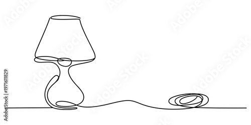 Minimalist continuous single line drawing of a classic desk lamp with a coiled electrical cord