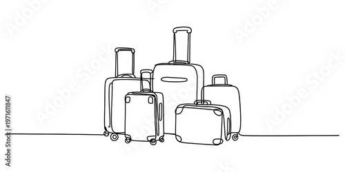 A continuous line drawing illustration showing a collection of travel luggage bags on white ground