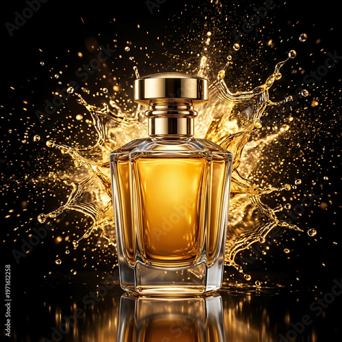 Luxury Perfume Bottle with Golden Splash on Black Background, Premium Fragrance Concept, High-End Cosmetic Product