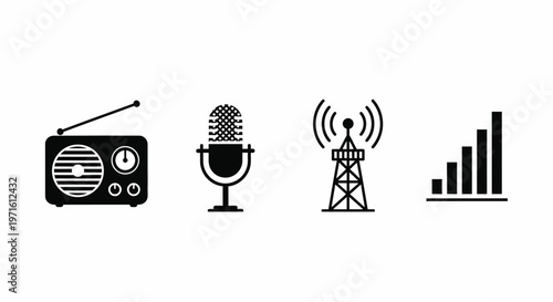 Communication Icons Set with Radio, Microphone, Tower and Signal Bars Isolated on White