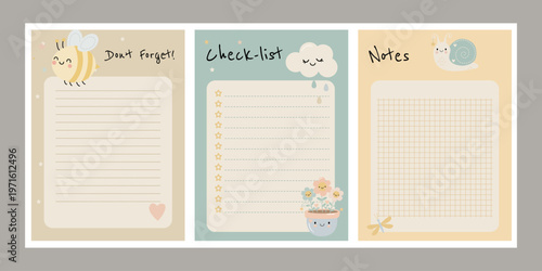 Funny planner pages featuring a cute bee, a little cloud, a flower pot, and a snail