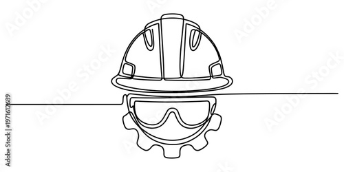 A single continuous line drawing of a construction hard hat with safety goggles and gear wheel