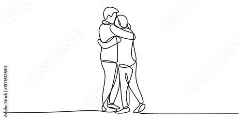 Continuous line drawing of a man and a woman embracing each other in a warm and loving gesture