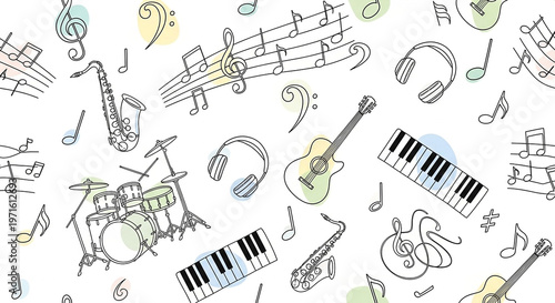 Whimsical hand-drawn pattern of musical instruments, notes, and headphones