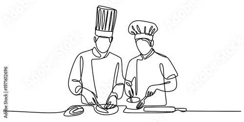 Continuous single line drawing of two professional chefs working together in a commercial kitchen