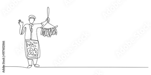 A continuous line drawing of a professional chef holding a large bundle of fresh sausages aloft