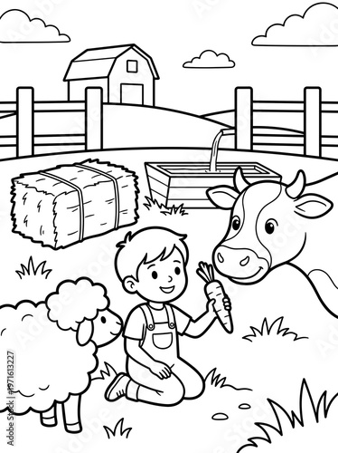 Barnyard coloring page with child feeding cow, sheep, fence and haystack in clean farm outline style.