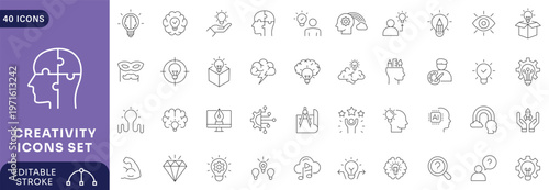 Creativity line editable icon set. Containing Creative, design, imagination, idea, innovation, originality Etc. Editable stroke.
