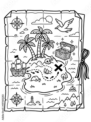 Pirate treasure map coloring page with island, ship, chest, compass rose and dotted route in adventure outline style.
