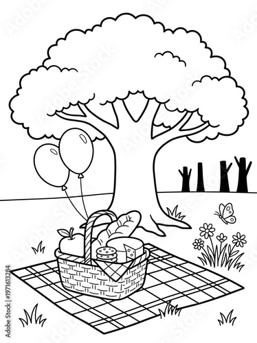 Picnic coloring page with basket, food, balloons, blanket and tree in simple park outline style.