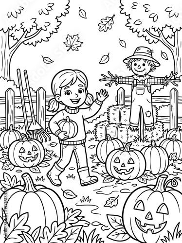 Autumn farm coloring page with girl, pumpkins, scarecrow and falling leaves in cute outline style.