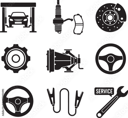 Iconic illustrations of various car parts and automotive maintenance tools isolated on transparent background, Vector