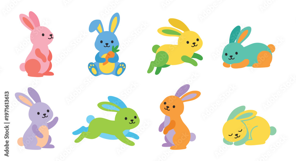Obraz premium Colorful cartoon rabbits in various poses and shades fill the white background