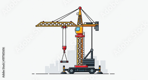 Industrial machinery 3D illustration of a tower crane and truck at a city construction site for engineering and building transport equipment