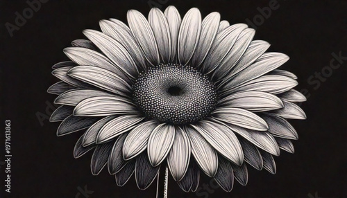 Close up black and white macro shot of a gerbera daisy flower.