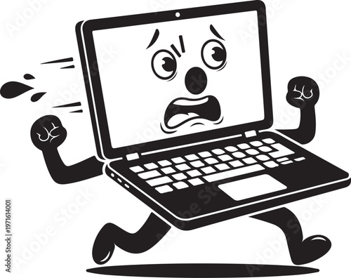 Frustrated laptop character running away with sweat drops in cartoon style isolated on transparent background, Vector