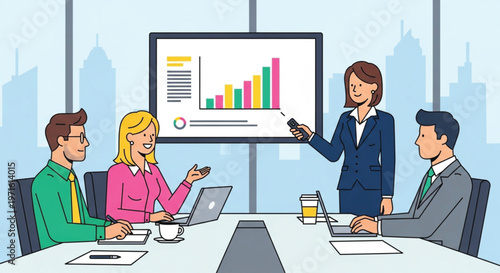 Success-driven business people work in a modern office meeting room using a computer and whiteboard to analyze a finance growth chart and presentation graph illustration