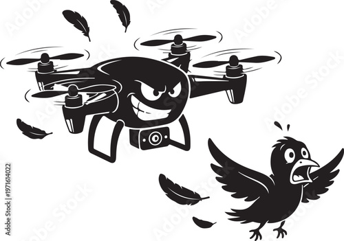 A playful drone interacting with a surprised cartoon bird in mid-flight isolated on transparent background, Vector