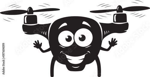 A cheerful anthropomorphic drone with four propellers waving its arms happily isolated on transparent background, Vector