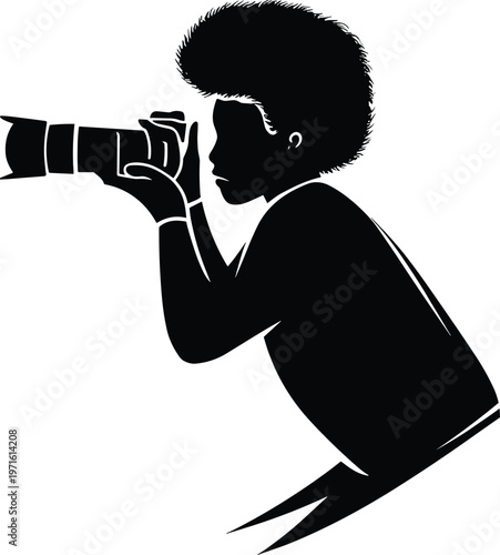 Profile Silhouette of a Young African American Photographer with Afro Hair Holding a Professional DSLR Camera with Zoom Lens Isolated on White Background