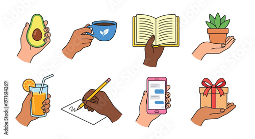 Hands holding various items avocado coffee book plant and more