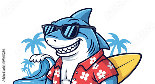 A cartoon shark wearing sunglasses and a Hawaiian shirt.