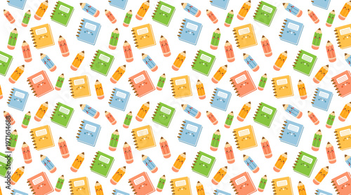 Colorful seamless pattern with cute school supplies and smiling faces. Playful back to school background for kids stationery.